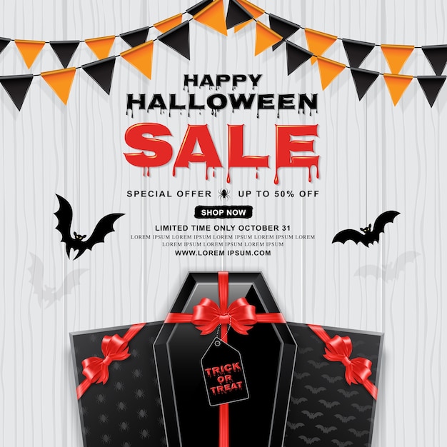 Feliz halloween venta banner plantilla ataúd con lazo rojo