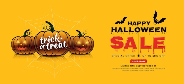 Feliz halloween venta banner plantilla calabazas y murciélagos