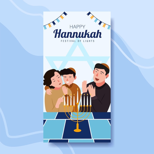 Feliz hanukkah, afiche del festival judío de las luces. ilustración de vector de símbolos festivos religiosos.