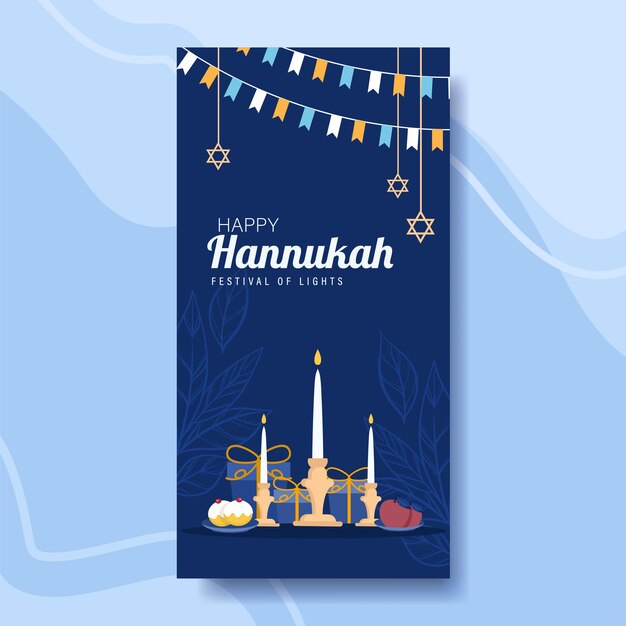 Feliz Hanukkah, Afiche del Festival Judío de las Luces. Ilustración de Vector de símbolos festivos religiosos.