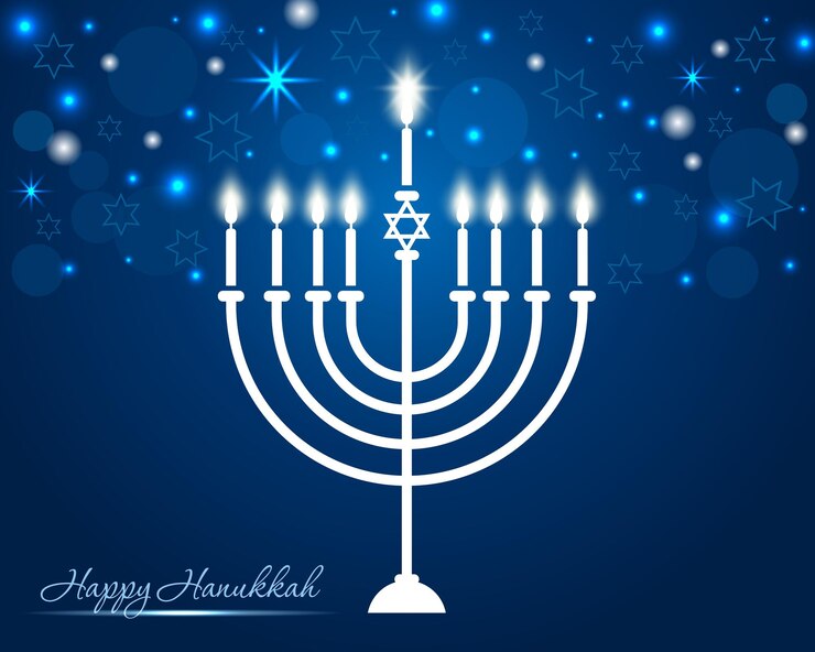 Vector feliz hanukkah, fiesta judía background.bright brillante fondo azul con menorah.vector.