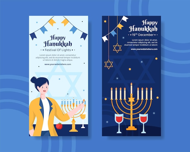 Feliz Hanukkah fiesta judía plantilla de banner vertical dibujado a mano ilustración plana de dibujos animados