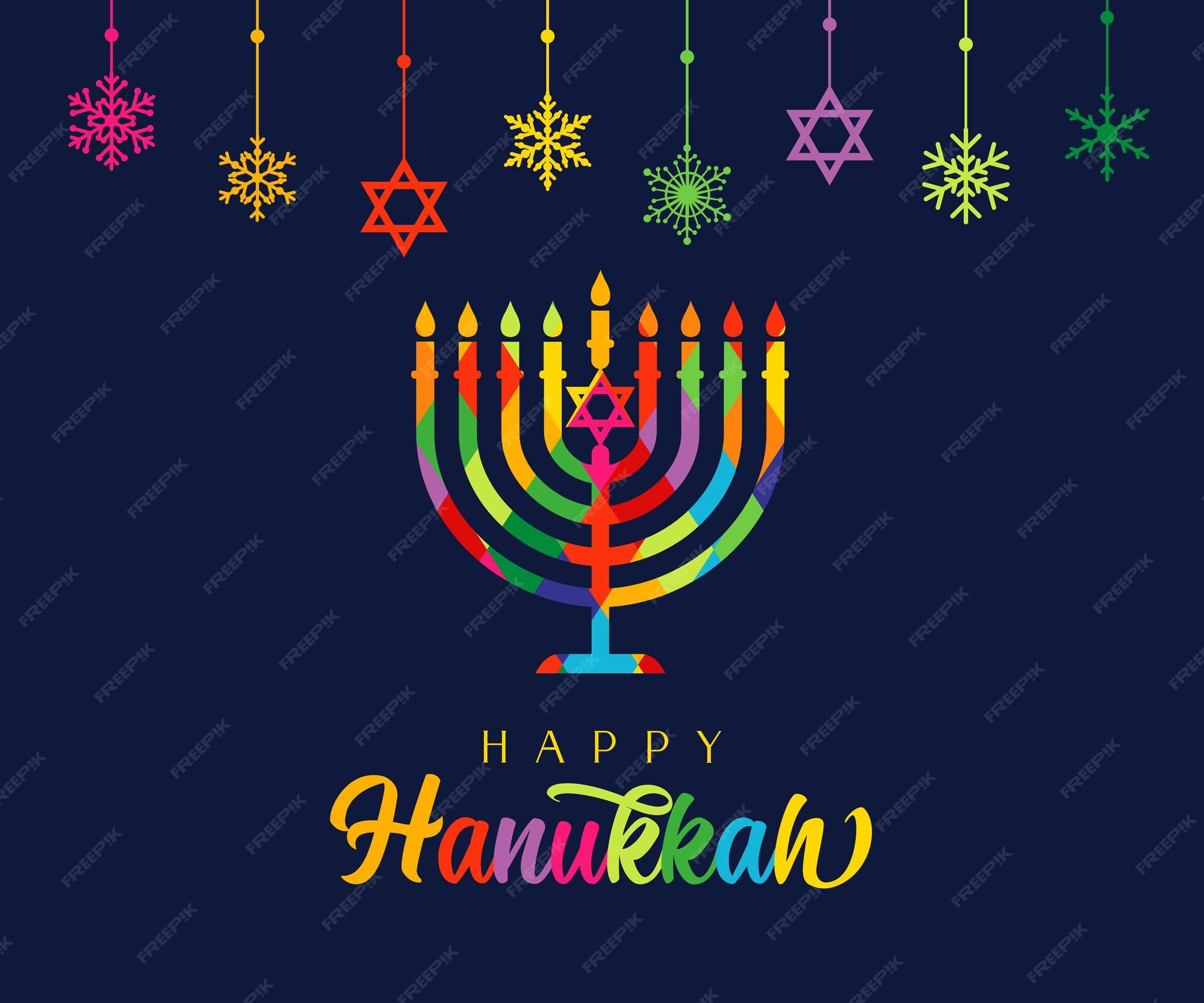 Feliz hanukkah, menorá manchada de colores, estrellas de david y nieve