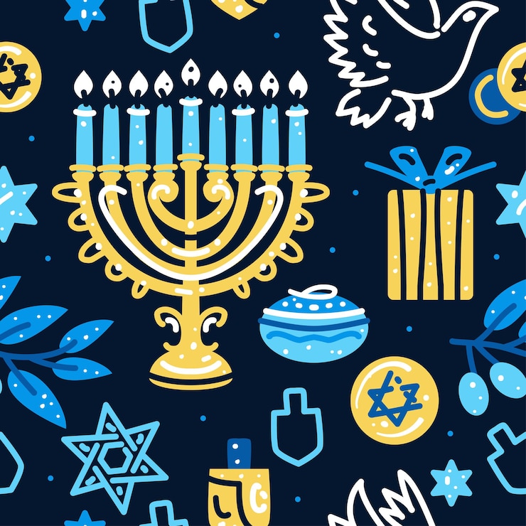 Vector feliz hanukkah de patrones sin fisuras con menorah dreidels donuts