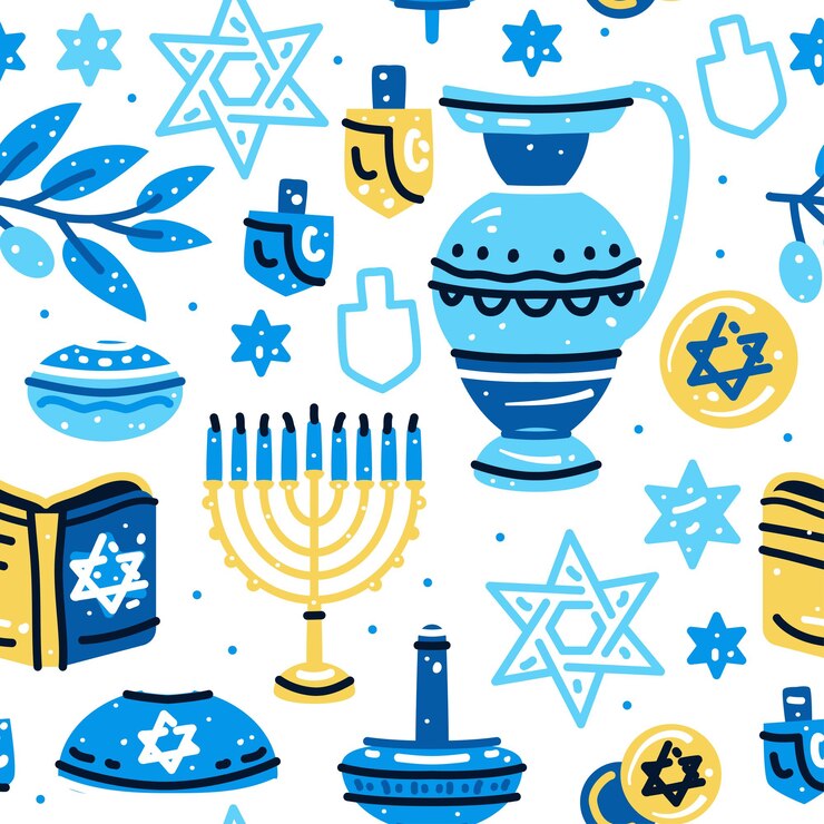 Vector feliz hanukkah de patrones sin fisuras con menorah dreidels donuts