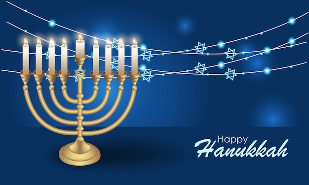 Vector feliz hanukkah con símbolos y estilo dorado sobre fondo de color para el día de hanukkah