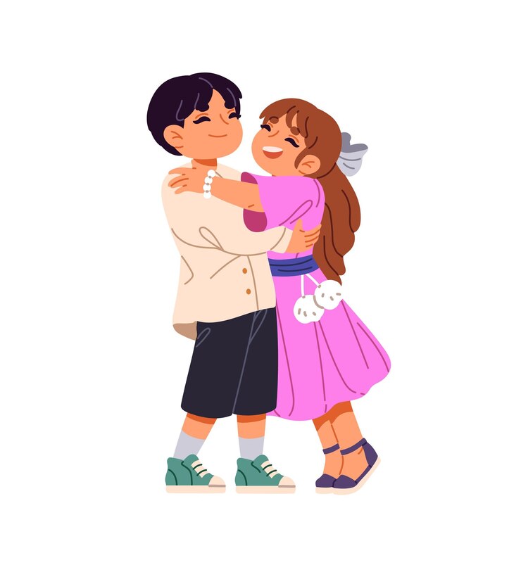Vector feliz hermano y hermana cálido abrazo juntos niños lindos amigos regocijarse acurrucarse niños divertidos apoyar hermano pequeño amor el uno al otro abrazarse ilustración de vector aislado plano sobre fondo blanco