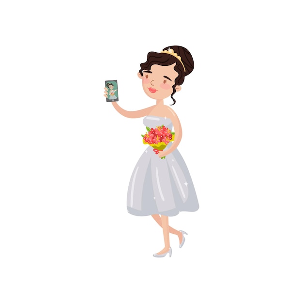 Feliz hermosa novia tomando selfie foto vector de dibujos animados ilustración sobre un fondo blanco