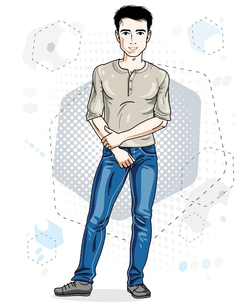 Feliz hombre adulto joven moreno de pie. Personaje vectorial con ropa informal como jeans y camiseta.