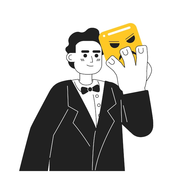 Feliz hombre árabe sosteniendo máscara de tragedia personaje vectorial plano monocromático Actor de cuerpo completo de línea delgada editable en el escenario en blanco Imagen simple de dibujos animados bw para diseño gráfico web