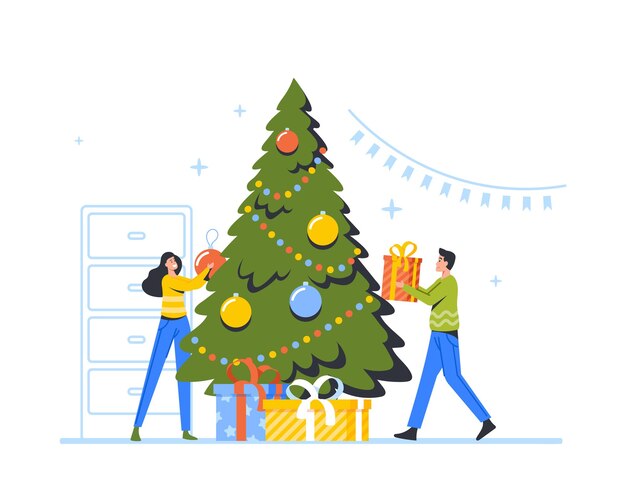 Feliz el hombre y la mujer decorando el árbol de Navidad ponen bolas en las ramas y cajas de regalo. Personajes que se preparan para la celebración de Navidad y año nuevo. Vacaciones de temporada de invierno. Ilustración de Vector de gente de dibujos animados