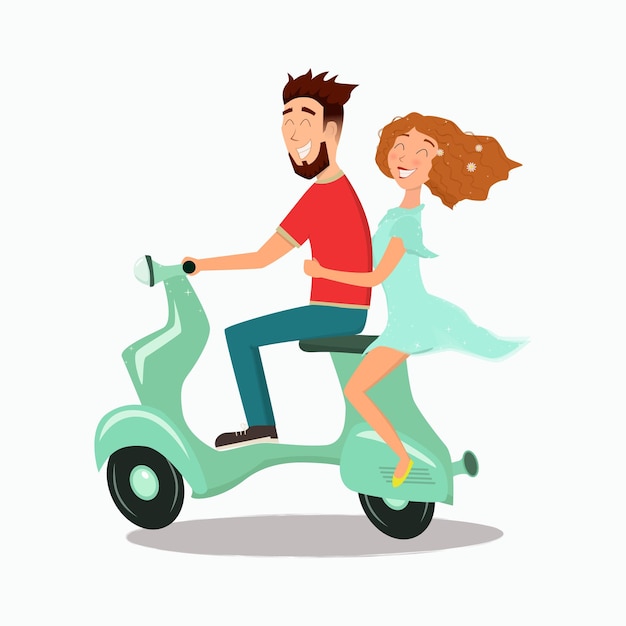 Feliz hombre y mujer enamorados montando un scooter.