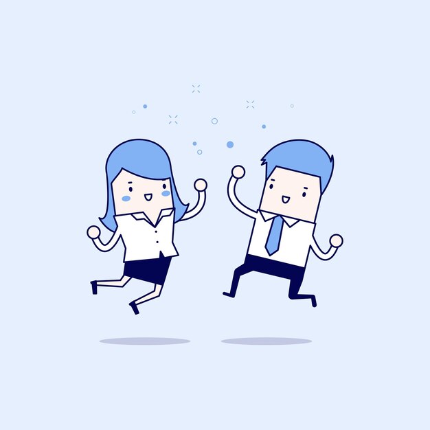Feliz hombre de negocios y empresaria Jumping Business Concept Personaje de dibujos animados.