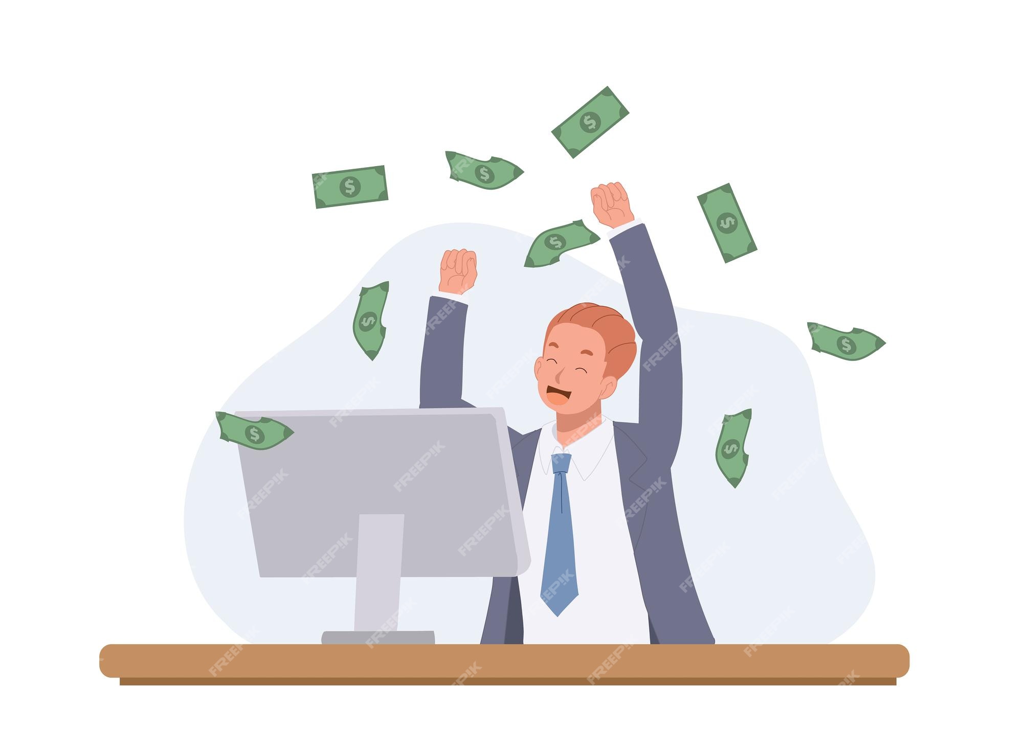 Feliz hombre de negocios haciendo un montón de dinero en internet ganar el premio obtener el concepto de dinero ilustración de dibujos animados de vector plano | Vector Premium Feliz hombre de negocios haciendo un montón de dinero en internet ganar el premio obtener el concepto de dinero ilustración de dibujos animados de vector plano | Vector Premium