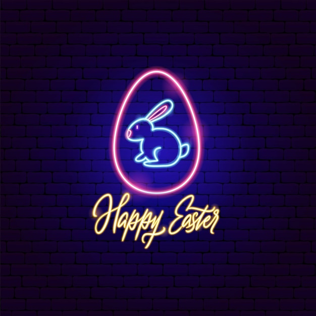 Feliz huevo de Pascua con el conejo etiqueta de neón