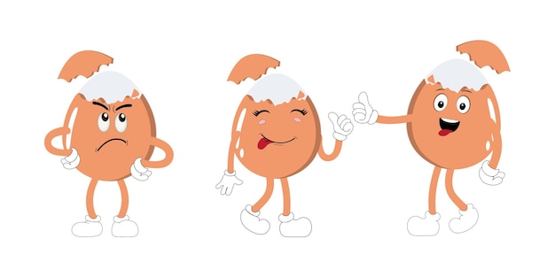 Vector feliz huevo personaje de mascota de dibujos animados huevo de pascua retro con diferentes emociones faciales