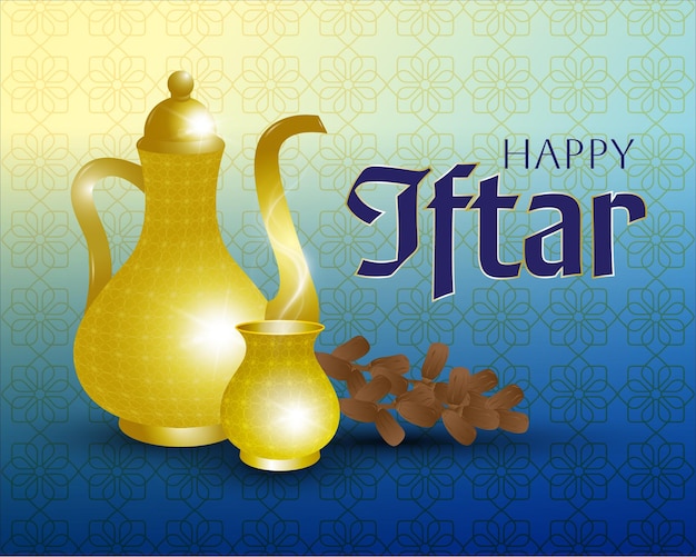 Feliz Iftar de Ramadán con dátiles y té caliente con decoraciones islámicas