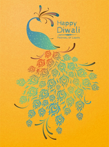 Feliz ilustración auspiciosa del pavo real de diwali sobre fondo amarillo cromado