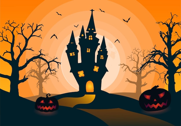 Vector feliz ilustración de fondo de halloween con un espeluznante paisaje nocturno de árboles muertos con una gran luna y una aterradora casa embrujada