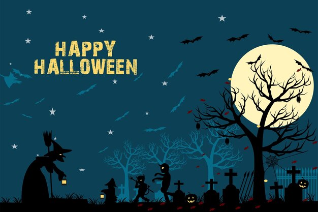 Feliz ilustración de Halloween con silueta de castillo al sol brillante y árboles muertos cerca del cementerio