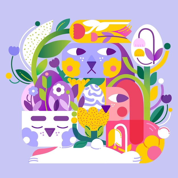 Feliz ilustración de Pascua en un estilo abstracto con conejitos, huevos de Pascua y mucha vegetación