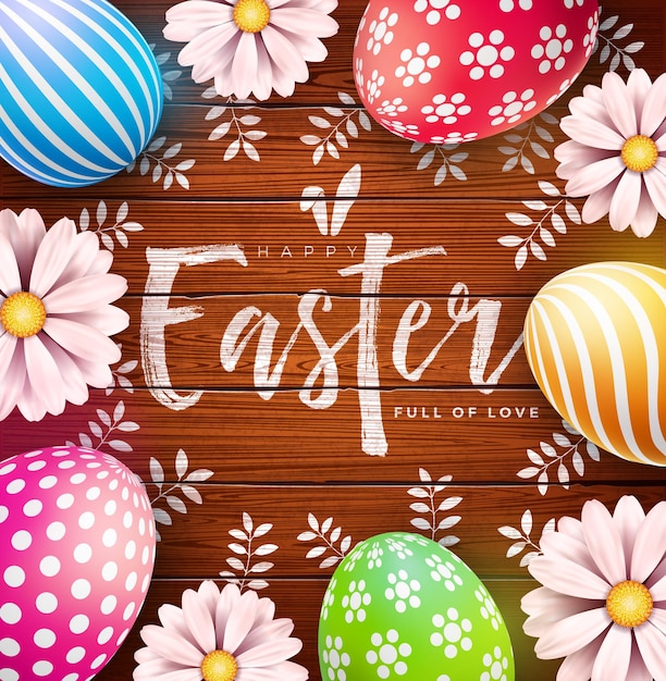 Feliz ilustración de Pascua con huevos pintados de colores y flores de primavera sobre fondo de madera vintage