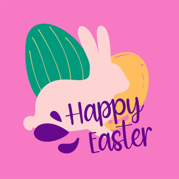 feliz ilustración de la tarjeta de pascua con conejito y huevos en colores rosa, amarillo y verde