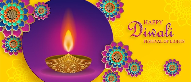 Feliz ilustración vectorial de diwali tarjeta festiva de diwali y deepawali el festival indio de luces sobre fondo de color amarillo