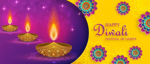 Feliz ilustración vectorial de Diwali Tarjeta festiva de Diwali y Deepawali El festival indio de luces sobre fondo de color amarillo