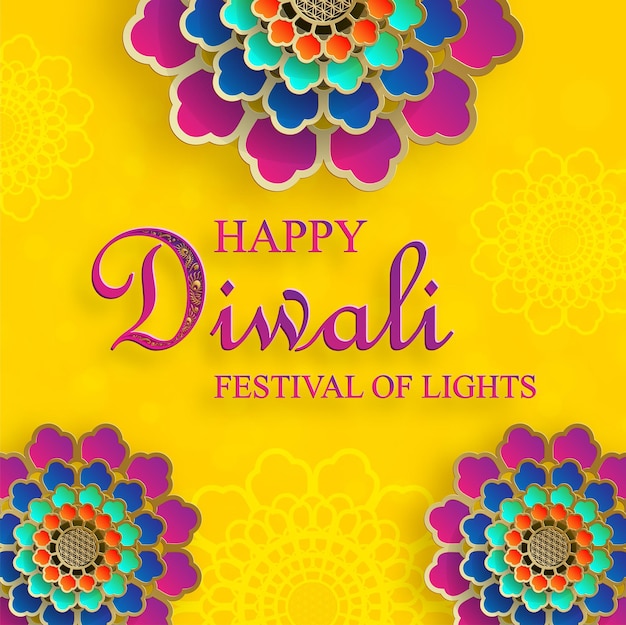 Feliz ilustración vectorial de Diwali Tarjeta festiva de Diwali y Deepawali El festival indio de luces sobre fondo de color amarillo