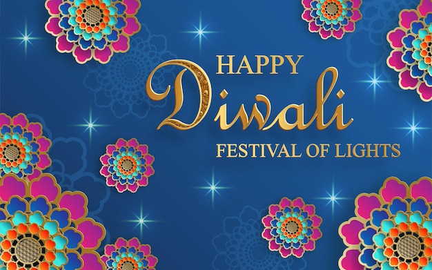 Feliz ilustración vectorial de diwali tarjeta festiva de diwali y deepawali el festival indio de luces sobre fondo de color azul