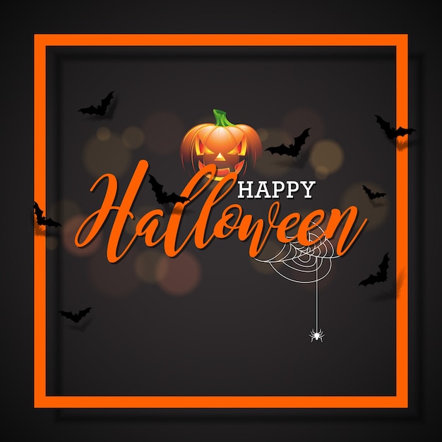 Feliz ilustración vectorial de Halloween con calabaza sobre fondo negro. Diseño de vacaciones con arañas y murciélagos para tarjeta de felicitación, pancarta, póster, invitación de fiesta.