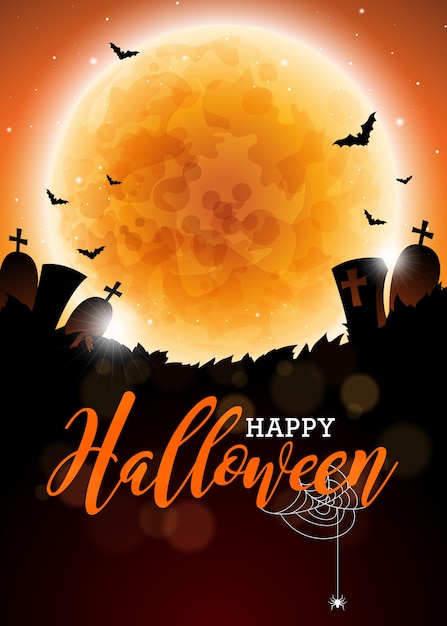 Vector feliz ilustración vectorial de halloween con luna y cementerio sobre fondo oscuro. diseño de vacaciones con arañas y murciélagos para tarjeta de felicitación, pancarta, póster, invitación de fiesta.