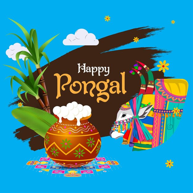 Feliz ilustración vectorial Pongal con elementos festivos como jallikattu, pongal, caña de azúcar, hoja de bana