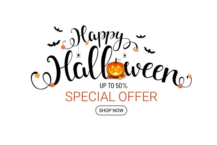 Feliz ilustración de venta de halloween Vectorbanner con letras caídas murciélagos de calabaza sonrientes y arañas Truco o trato Oferta especial