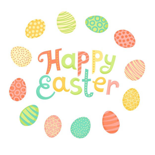Feliz inscripción festiva de Pascua y huevos pintados en estilo de dibujos animados.