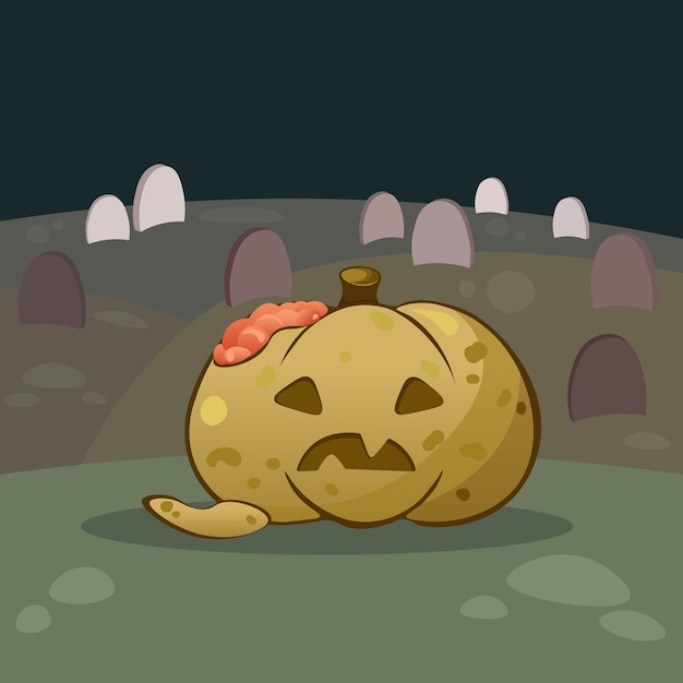 Vector feliz invitación a la fiesta de halloween o tarjeta de felicitación. calabaza de halloween como un zombi en el cementerio