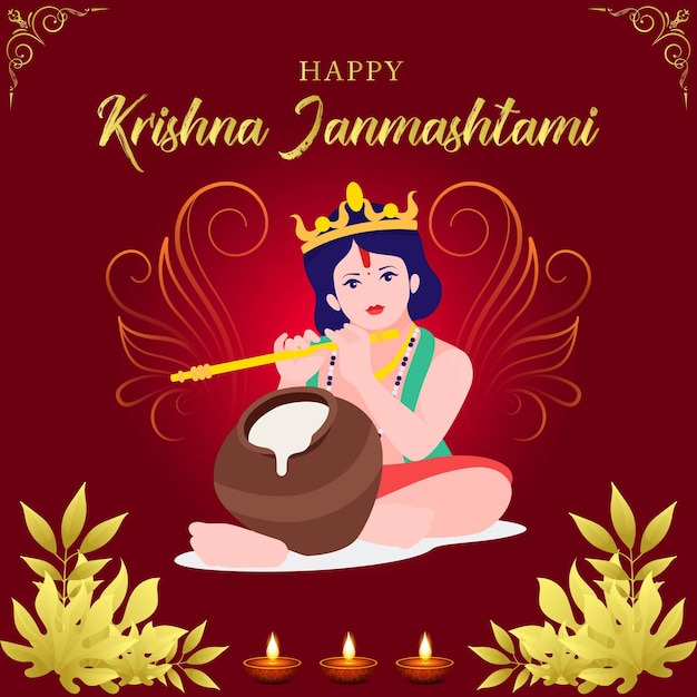 Feliz janmashtami con la mano de lord krishna tocando el fondo de la tarjeta bansuri.