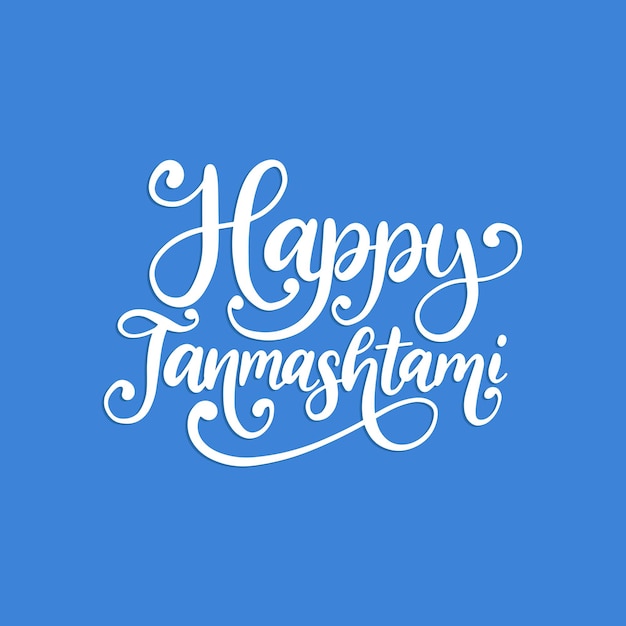 Feliz Janmashtami, rotulación a mano. Caligrafía sobre fondo azul. Ilustración vectorial dedicada a las vacaciones de Krishna para tarjetas de felicitación, carteles del festival, etc.