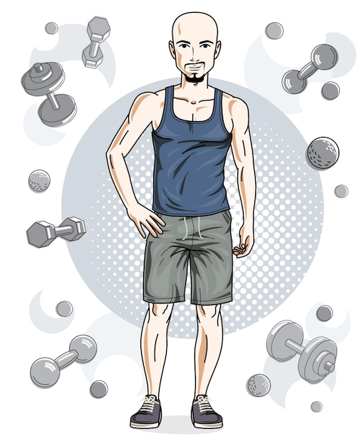 Feliz joven adulto calvo con barba y bigotes de pie sobre un fondo simple con pesas y pesas. Tema vectorial de carácter, deporte y fitness.