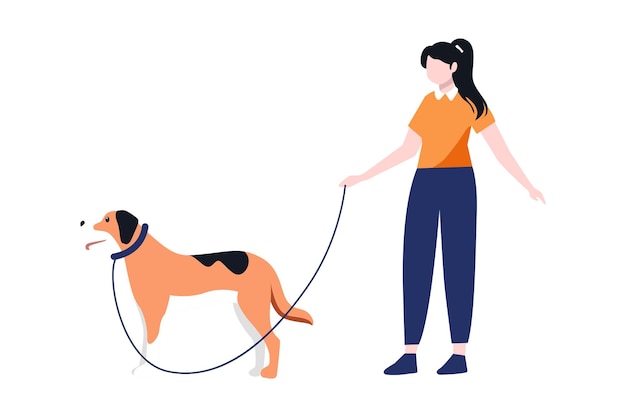 Feliz joven asiática caminando con un perro Ilustración plana para la vida y las actividades con mascotas