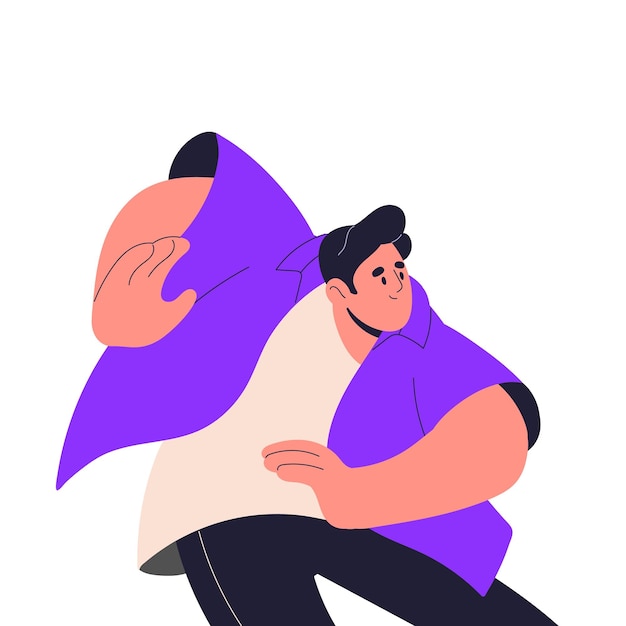 Feliz joven bailando moviéndose al ritmo de la música en la divertida fiesta del club persona activa y enérgica bailarina en movimiento de acción con alegría emoción positiva ilustración vectorial gráfica plana aislada en fondo blanco