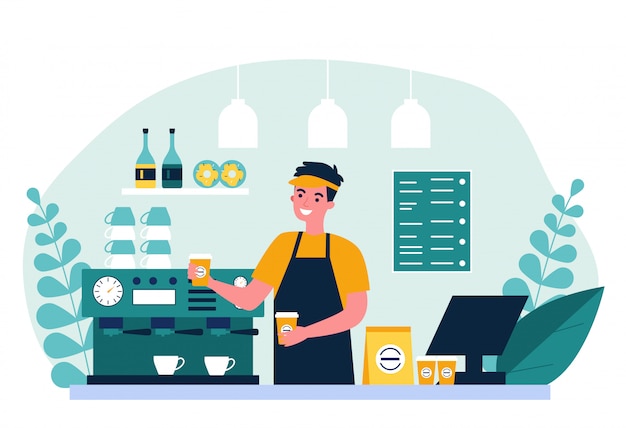 Feliz joven barista haciendo café para el cliente