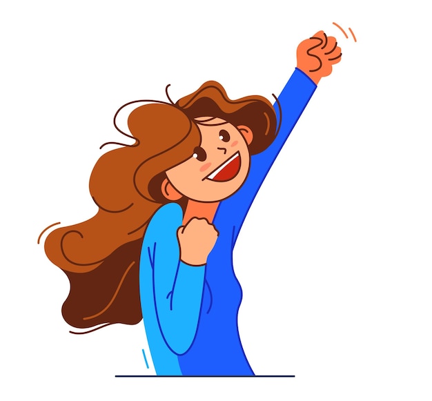 Feliz joven emocionada con el ganador gesto ilustración vectorial mujer diciendo sí al éxito y meta dibujos animados campeón ganar