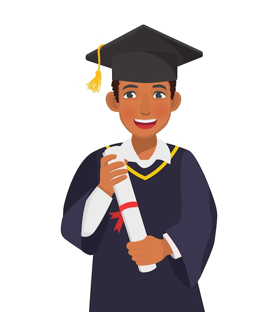 Feliz joven graduado africano en vestido de graduación y sombrero con diploma y certificado