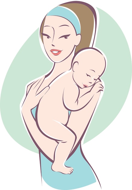 Feliz joven madre y su bebé. Bosquejo vectorial lineal