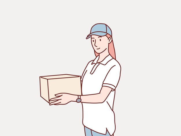Feliz joven mensajero de entrega de pie con un paquete de buzón de correos ilustración de estilo coreano simple