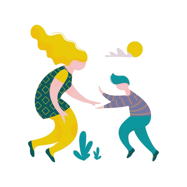 Feliz joven y mujer chocando los cinco entre sí, personajes masculinos y femeninos divirtiéndose