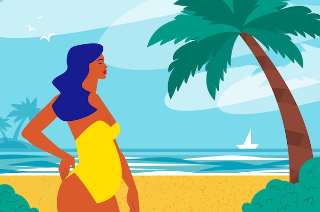 Feliz joven mujer embarazada con la piel quemada por el sol en una playa tropical con traje de baño de color amarillo brillante Palmas del cielo del mar de verano y hermosa playa Vector