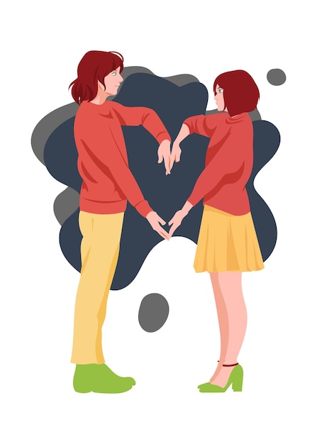 Feliz joven y mujer se tocan las manos y se sienten enamorados Una pareja cariñosa sonriente tiene un momento de unión íntimo cercano Concepto de buenas relaciones Feliz día de San Valentín Pareja enamorada ilustración vectorial